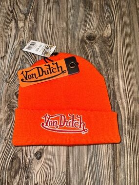 Von Dutch Bright Orange Beanie Hat Red Embroidered Cuff One Size Y2K Trucker